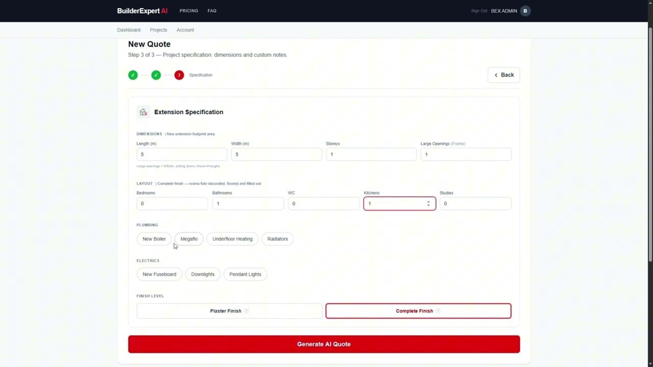BuilderExpert AI demo — the quote specification form
